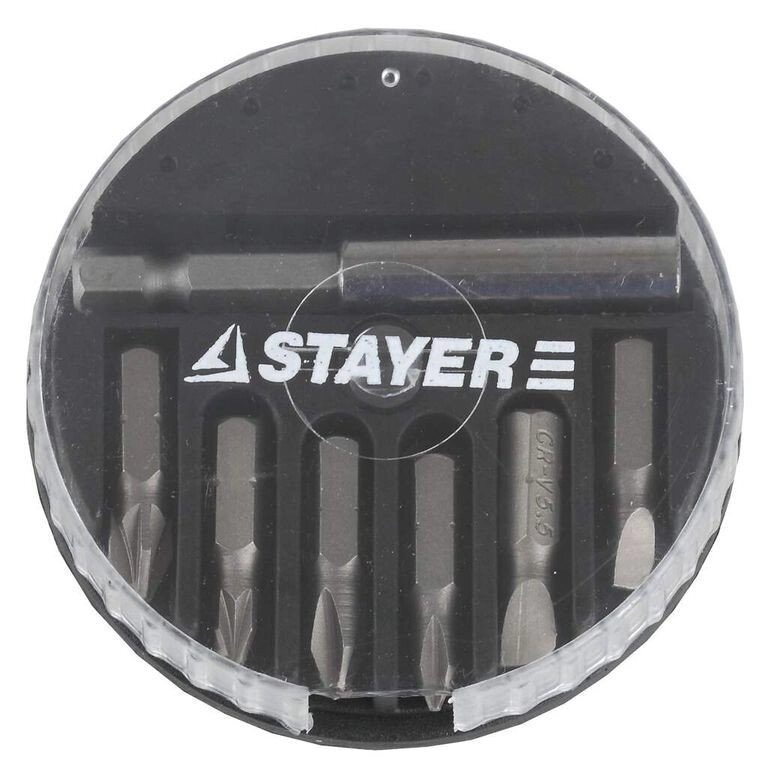 Набор STAYER Биты "MASTER" с магнитным адаптером в круглом мини-боксе, PH1, PH2, PZ1, PZ2, SL4,5, SL5,5, 7 пр. от компании "LaROCHE Construction Services" строительная компания - фото 1