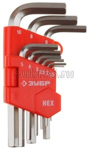 Набор ЗУБР Ключи "МАСТЕР" имбусовые короткие, Cr-V, HEX 1,5-10мм, 9 предметов