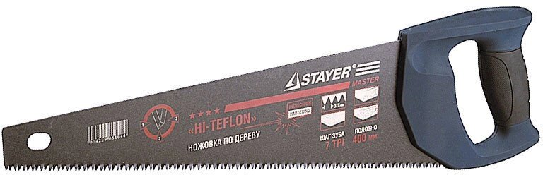 Ножовка STAYER "HI-TEFLON" по дереву, 2-комп. пласт. ручка, тефлон. покрыт, закаленный зуб, 7 TPI,450мм от компании "LaROCHE Construction Services" строительная компания - фото 1