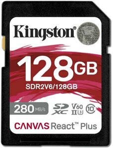 Карта памяти kingston canvas react plus V60 SD 128GB, class 3 UHS-II U3, SDR2v6/128GB)