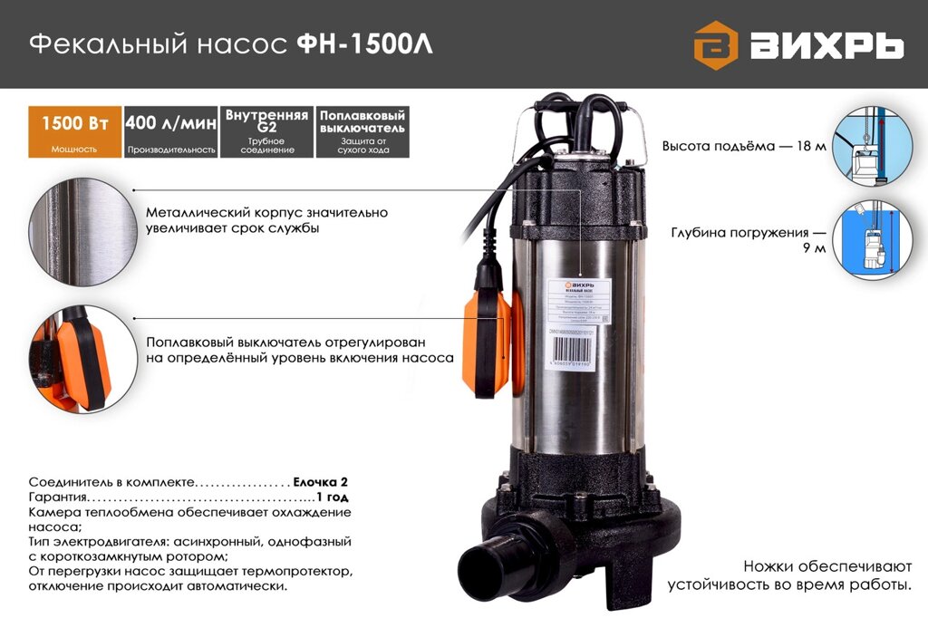 Фекальный насос ВИХРЬ ФН-1500Л от компании МИР ДОМА - фото 1