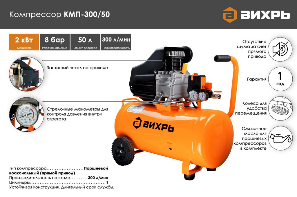 Компрессор ВИХРЬ КМП-300/50 от компании МИР ДОМА - фото 1