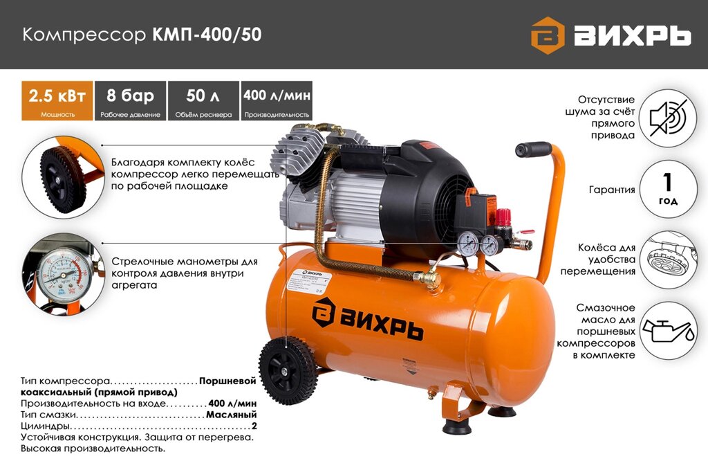 Компрессор ВИХРЬ КМП-400/50 от компании МИР ДОМА - фото 1