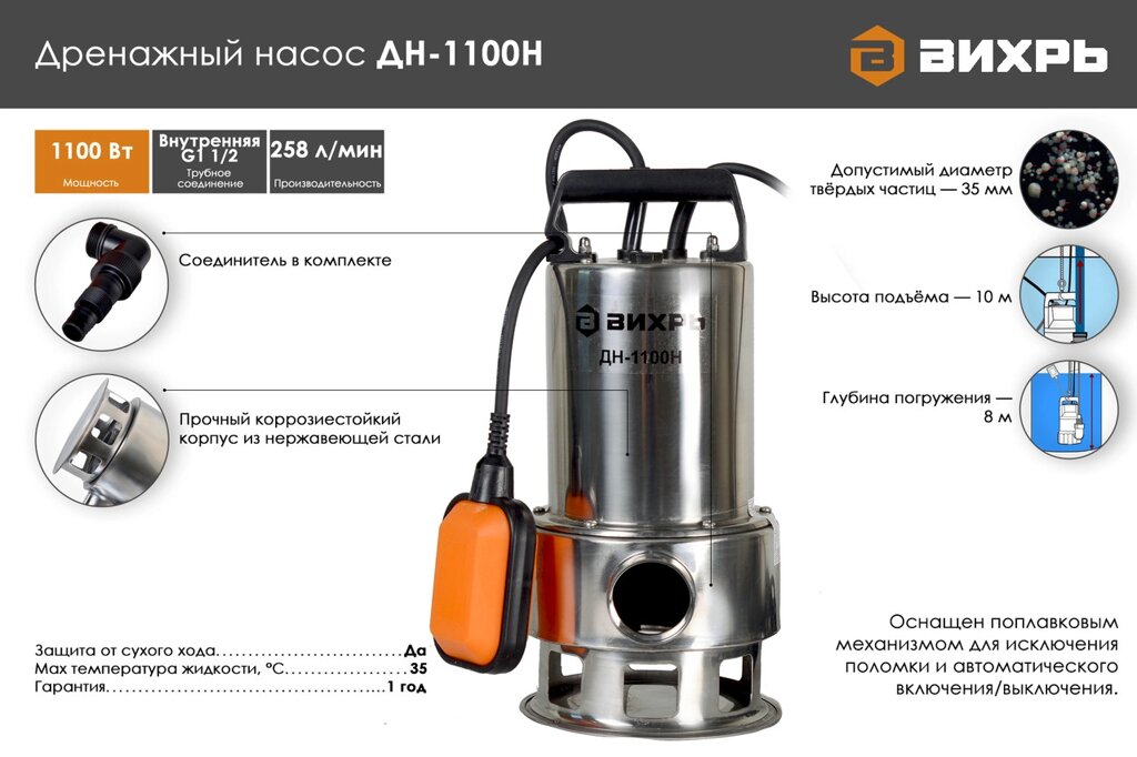 Дренажный насос вихрь дн-1100н - скидка