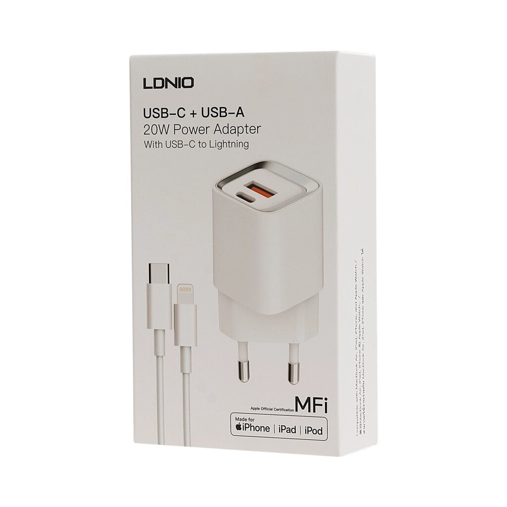 Универсальное зарядное устройство LDNIO A2318M MFI 20W USB-А, USB-C Белый от компании МИР ДОМА - фото 1