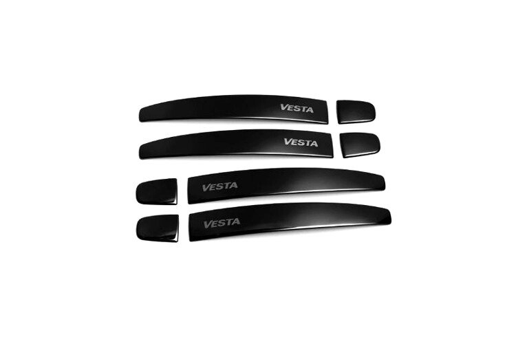 Накладки на наружные ручки дверей из нержавейки CARIUS M04VESUV0136B (черные с надписью Vesta) от компании Vita-Avto - фото 1