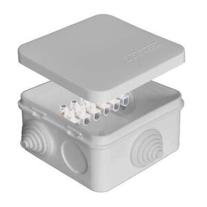 Коробка распределительная ОП 75х75х45мм IP54 10А 6 выходов 6 контактов 3 гермоввода клемм. крышка защелкивающаяся сер.