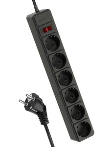 Удлинитель с сетевым фильтром 6х3м с заземл. 16А IP20 3.5кВт 3х1 с предохранителем с выкл. с индикатором сети черн.