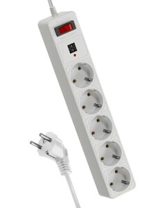 Удлинитель с сетевым фильтром 5х3м с заземл. 10А IP20 2.2кВт 2хUSB 3х0.75 с предохранителем КОСМОС FKsm3m-5g (W) USB