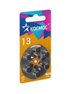 Элемент питания воздушно-цинковая для слуховых аппаратов ZA13 (13 PR48 DA13 V13A) 1.45В (уп. 6шт) КОСМОС KOCZA-13BL6
