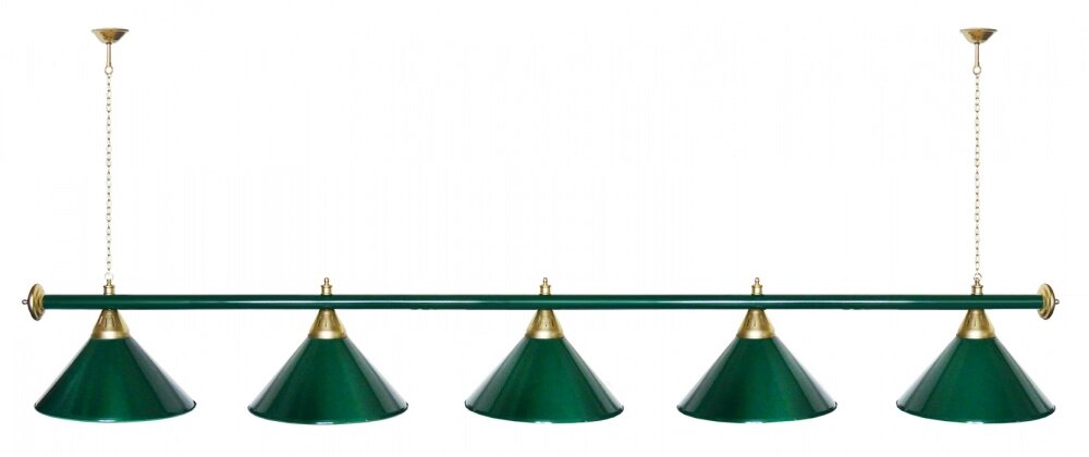 Лампа STARTBILLIARDS 5 пл. (плафоны зеленые матовые, штанга зеленая матовая, фурнитура золото) от компании Каркуша - фото 1