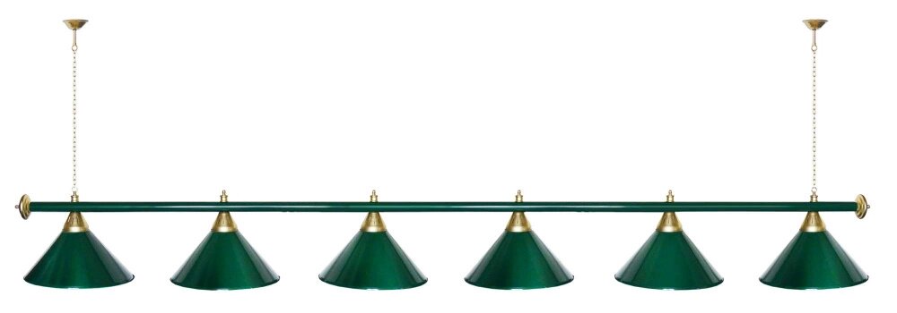 Лампа STARTBILLIARDS 6 пл. (плафоны зеленые, штанга зеленая, фурнитура золото) от компании Каркуша - фото 1