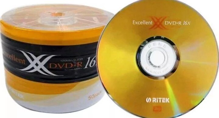 Dvd+R  RITEK 4"7g 16x EXELENT GOLd 50 шт упаковке.. термоупаковка оем от компании ИП Флешки Алматы - фото 1