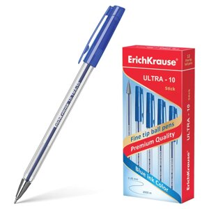 Ручка шариковая масляная ERICH KRAUSE "Ultra-10", СИНЯЯ, корпус прозрачный, узел 0,7 мм, линия письма 0,26 мм