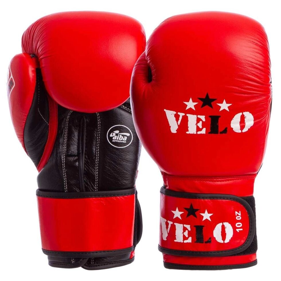 Боксерские перчатки VELO ( натуральная кожа ) со знаком AIBA цвет красный , синий 10,12,14,16 oz Оригинал от компании Ellmart - фото 1