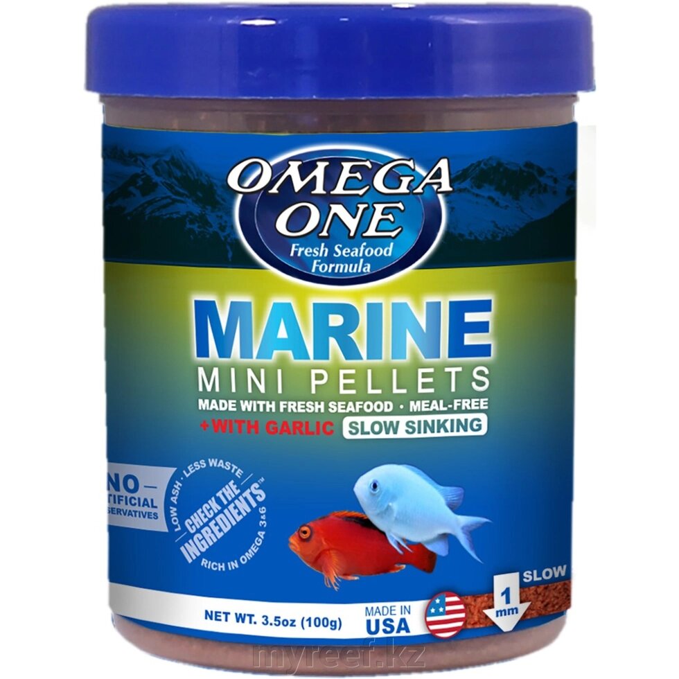 Omega One Garlic Marine Mini Pellets, Sinking, 3.5 oz - Корм для морских рыб в виде гранул 100 г от компании Интернет-магазин "Myreef" - фото 1