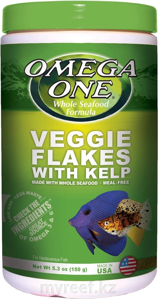 Omega One Veggie Flakes with Kelp 5.3 oz Container - Корм для морских рыб в виде хлопьев 150 гр от компании Интернет-магазин "Myreef" - фото 1