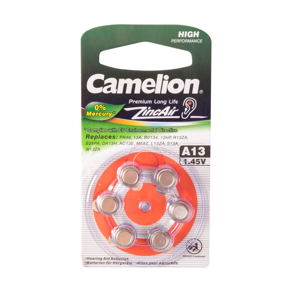 Батарейка, CAMELION, A13-BP6(0%Hg), Zinc Air, A13, 1.45V, 0% Ртути, 6 шт., Блистер от компании ИП Globus trade - фото 1