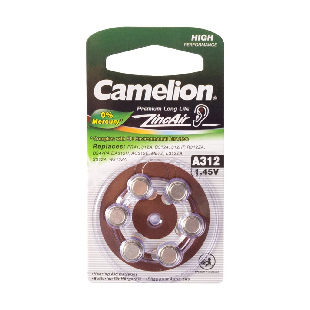 Батарейка, CAMELION, A312-BP6(0%Hg) , Zinc Air, A312, 1.45V, 0% Ртути, 6 шт., Блистер от компании ИП Globus trade - фото 1