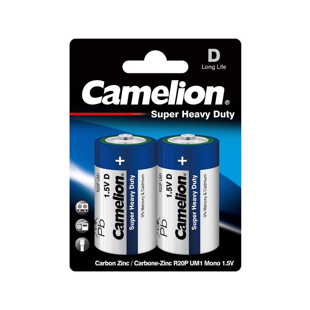 Батарейка, CAMELION, R20P-BP2B, Super Heavy Duty, D, 1.5V, mAh, 2 шт., Блистер от компании ИП Globus trade - фото 1