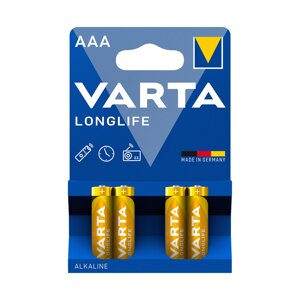 Батарейка, VARTA, LR03 Longlife Micro, AAA, 1.5 V, 4 шт., Блистер