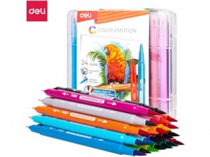 Фломастеры Deli "Color Emotion", 24 цвета, двусторонние, пластиковая упаковка