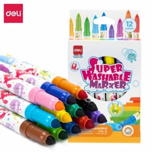 Фломастеры Deli "Super Washable", 12 цветов, круглый корпус, картонная упаковка