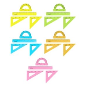 Набор чертежный СТАММ, размер S (линейка 16см, 2 треугольника, транспортир), прозрачный, неоновые цвета, ассорти