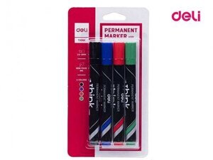 Набор перманентных маркеров DELI, скошенный наконечник, 4 цвета