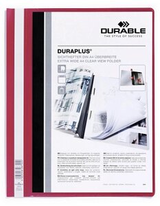 Папка-скоросшиватель пластиковая "Durable", А4+120/160мкм, прозрачный верхний слой, карман, красная