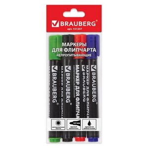 Набор маркеров для флипчарта "Brauberg", 2,5мм, круглый наконечник, водная основа, 4 цвета в пакете