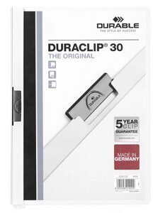 Папка пластиковая "Durable", 30л, А4, стальной клип, серия "Duraclip", белая