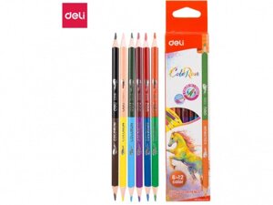 Карандаши цветные Deli "ColoRun", двухсторонние, 6 штук, 12 цветов, картон