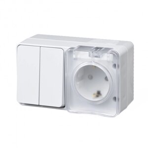 Atlasdesign PROFI IP54 о/у блок: роз. з/к со шт. 16а, выкл. 2-клав. 10а, белый