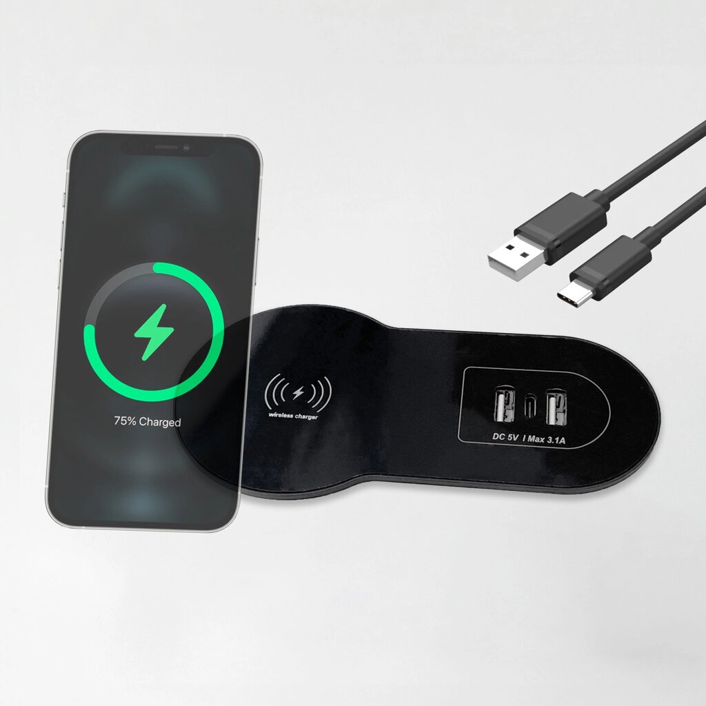 Shelbi Настольный встраиваемый бокс 2 USB, 1 Type-C, беспроводная зарядка, шнур 1,5 м., чёрный - преимущества