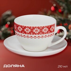 Новогодняя чайная пара «Финский лес», 2 предмета: чашка 210 мл, блюдце d=15 см, фарфор, цвет белый