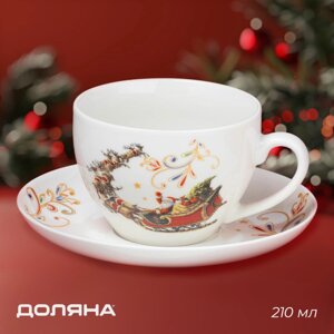 Новогодняя чайная пара «Сани Деда Мороза», 2 предмета: чашка 210 мл, блюдце d=15 см, фарфор, цвет белый
