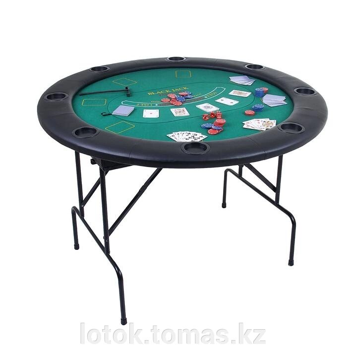 Покерный стол складной на 8 игроков (карты 2 колоды 30 мкм, фишки 100 шт, кубики 5 шт) 120х120х72 см - фото