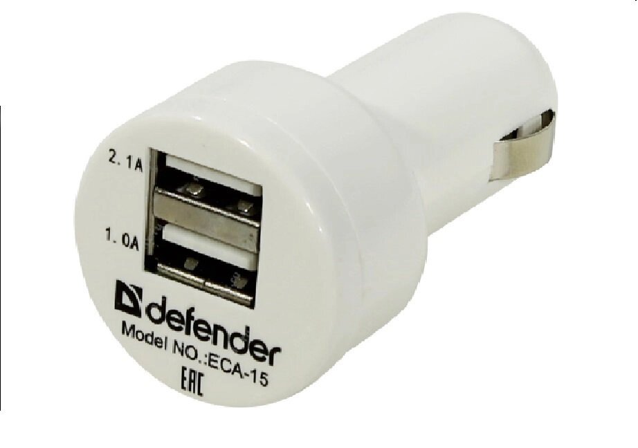 Автомобильный адаптер Defender ECA-15. 2 порта USB, 5V/2А, пакет от компании ТОО «ТАСАЕР Сервис» - фото 1