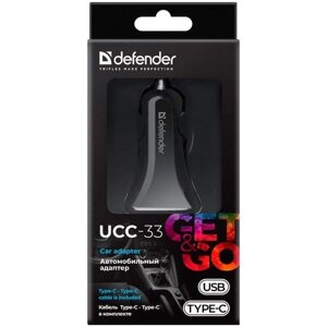 Автомобильный адаптер Defender UCC-33 USB+Type-C, 5V/3.1А, кабель