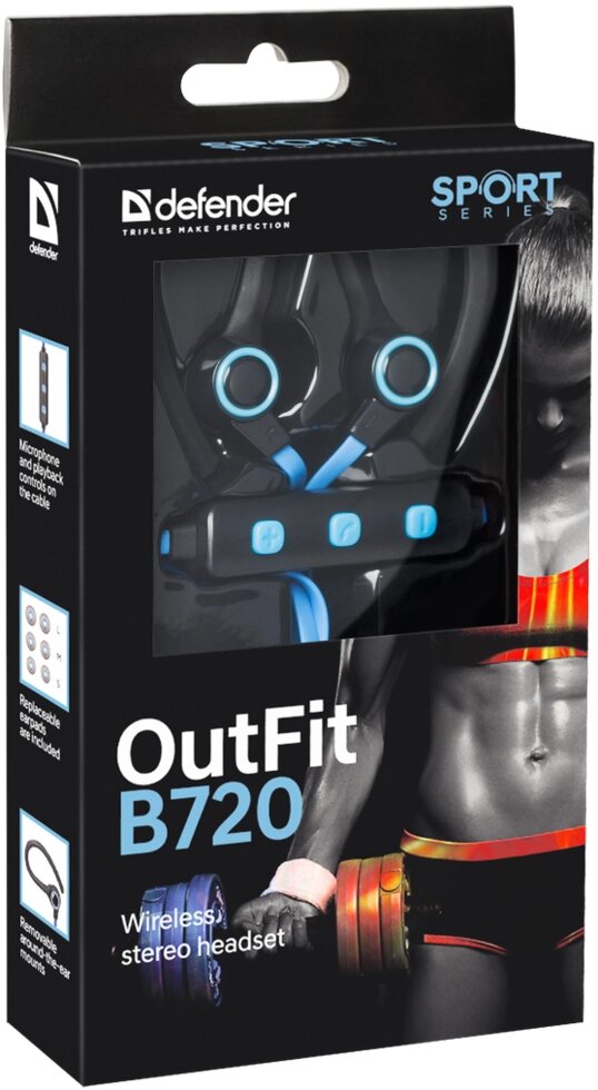 Беспроводная гарнитура Defender Out. Fit B720 черный+синий, Bluetooth - скидка