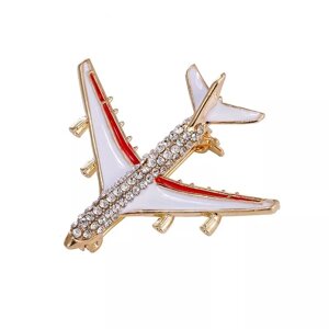 Брошка самолет гражданская авиация с кристаллами и эмалью, красный цвет