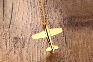 Цепочка с кулоном-самолетиком объемным, нержавеющая сталь, золотистый цвет