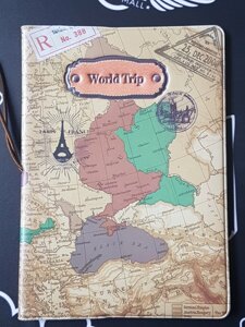 Обложка для паспорта, карта мира, коричневый цвет