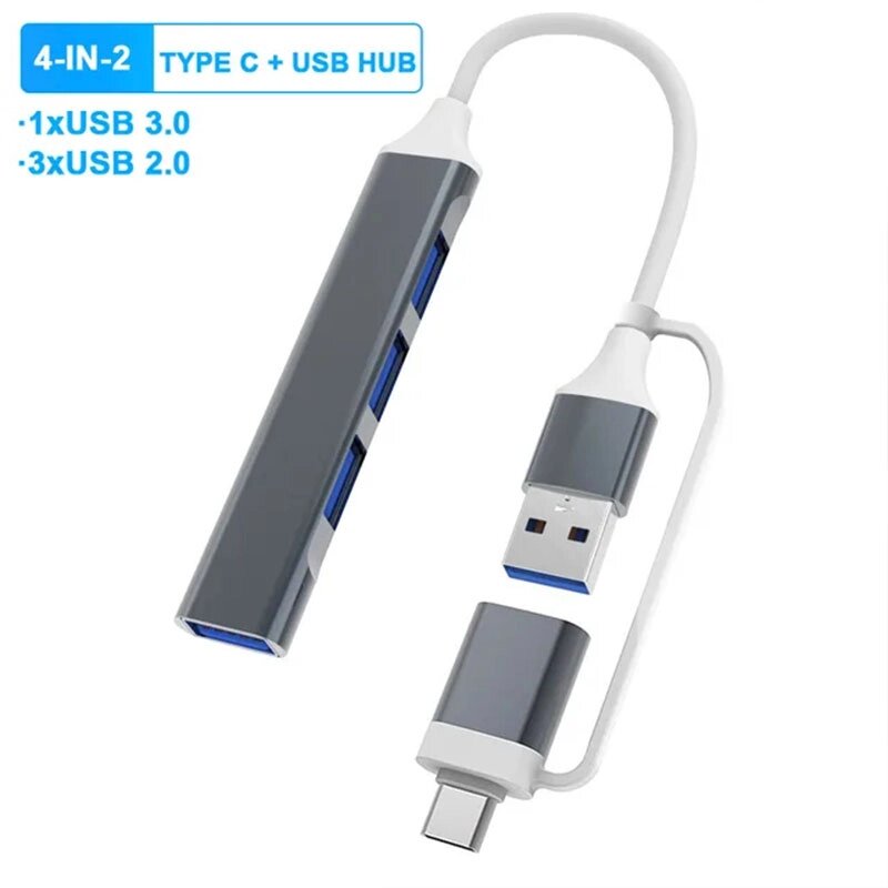 Адаптер 4 в 1 USB (Type-C) HUB, 1USB 3.0, 3USB 2.0 от компании Мир Электроники - фото 1