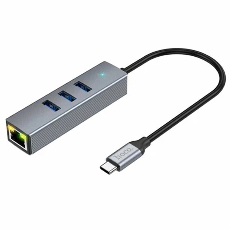 USB HUB HOCO HB34, 4 в 1, 3USB 3.0, RJ45, 15  см от компании Мир Электроники - фото 1