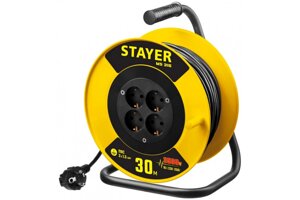 Удлинитель на катушке Stayer MS 315, 30 м, 3500 Вт, заземление, 4 гнезда, ПВС 3x1,5 кв мм