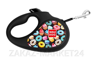 Поводок-рулетка WAUDOG с рисунком "Пончики", размер M, до 25 кг, 5 м черная