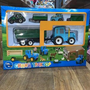 Синий трактор с набором и фермой.