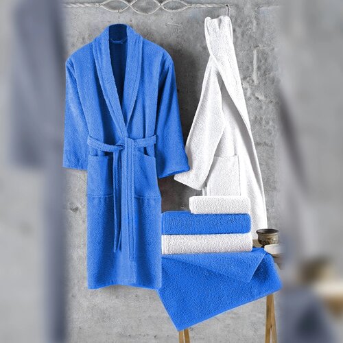 Набор махровых халатов мужской и женский , 2 лицевых и два банных полотенца " Blue and White Турция Vinessa